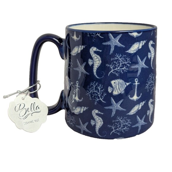 Nautical Bella 10 Strawberry Street Coffee Mug Cobalt Blue Fish Seashells Gift - Picture 1 of 6